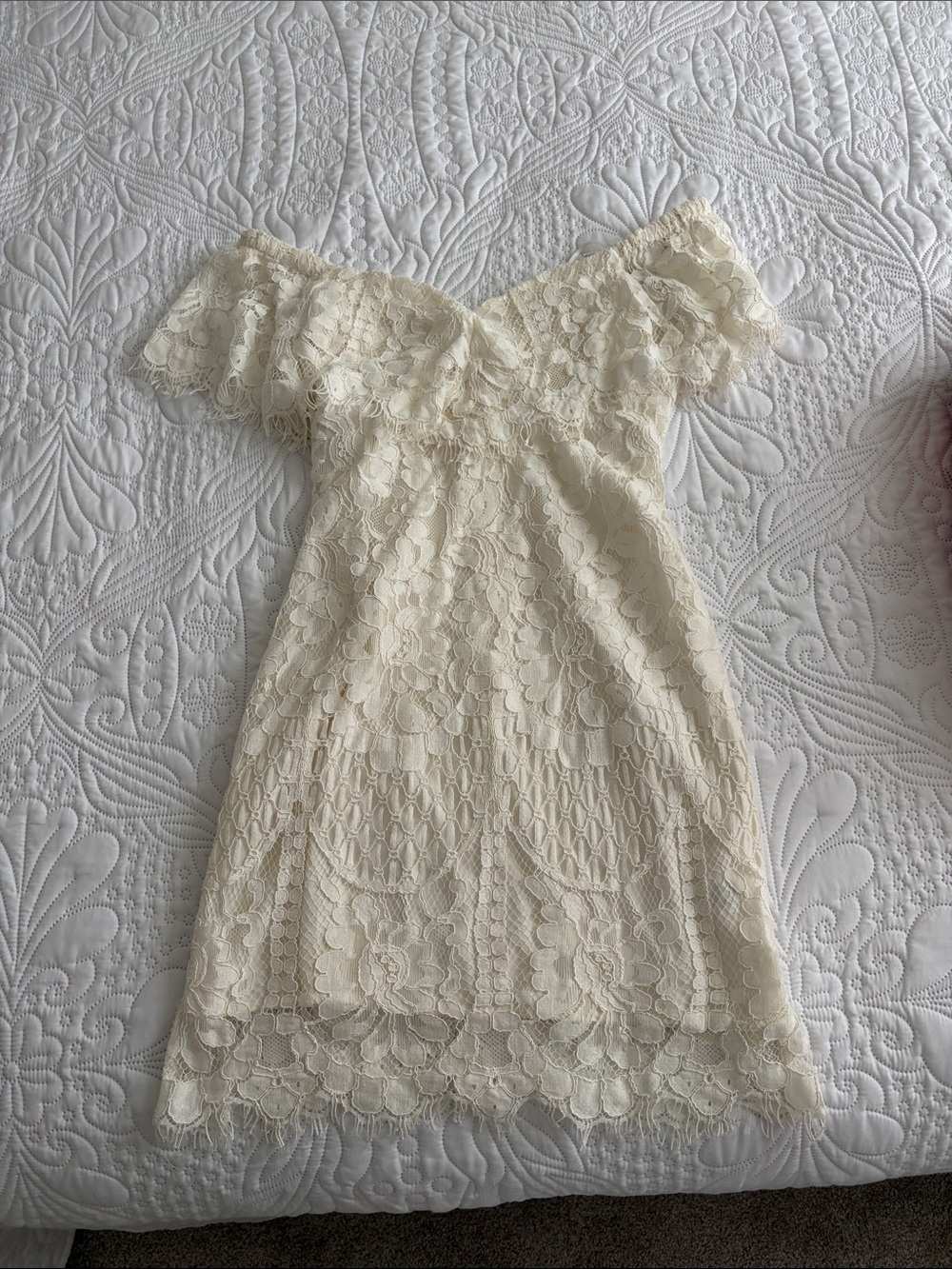 Wayf Cream Off-Shoulder Lace Mini Dress